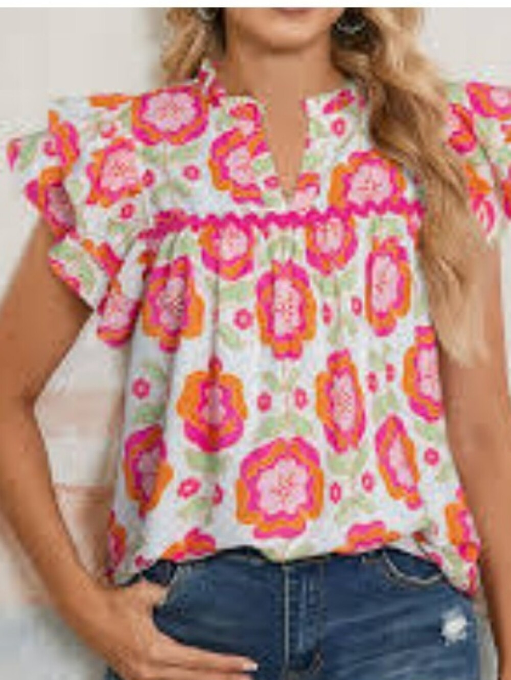 Floral Flutter Sleeve Top - Pink & Orange
